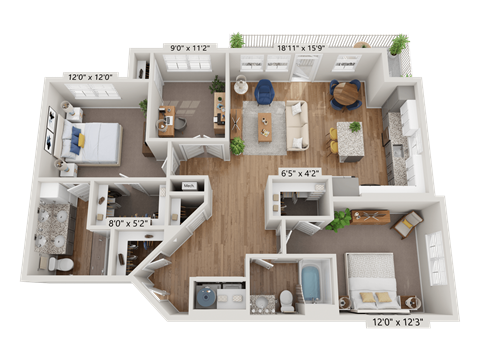 Floor plan for 2 beds, 2 baths, 1285 sqft